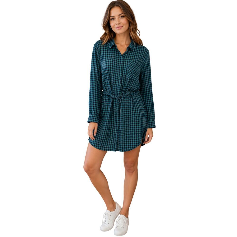 Dark mint plaid tie waist flannel pocket tunic dress NWOT L long sleeve career
